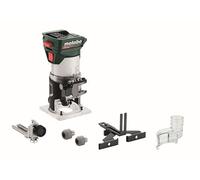 metabo Fresadora de Bordes a Batería 18V, Motor sin Escobillas, Madera | Pinzas de 6/8 mm, tope paralelo, adaptador de succión, sin batería ni cargador, 29000 RPM y control de velocidad
