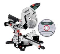 metabo KGS 305 M Sierra Ingletadora Telescópica, 305mm con LED y 2 Hojas | Sierra de tracción con motor potente de arranque suave, 2 hojas de sierra de carburo, saco colector y extensiones de mesa