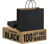 METRONIC Paquete de 100 bolsas de regalo grandes de papel negro de 16 x 6 x 12 pulgadas, bolsa de compras con asas para pequeñas empresas, boutique, envoltura de regalo, a granel