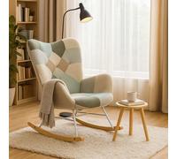 MEUBLE Cosy Sillón Relax, Mecedora Cómoda, Silla Balancín de Tela Patchwork con Patas de Madera y Metal para Salón, Adorno de Botones