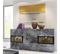 Meublorama Buffet 130 cm Ramos - Gris Efecto Pizarra y Negro - LED Multicolores integradas - 2 Puertas con Vidrio + 3 cajones