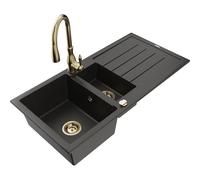 Mexen Andres fregadero de granito 1,5 senos con escurridor y grifo de cocina Savita, negro/oro metálico - 6515-75-672601-50 17952 5905315036261