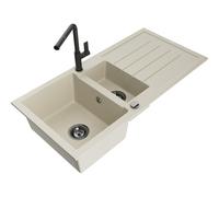 Mexen Andres fregadero de granito de 1,5 cubetas con escurridor y grifo de cocina Flora, beige - 6515-69-670401-70-B 21026 5905315062093