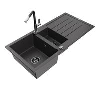 Mexen Andres fregadero de granito de 1,5 cubetas con escurridor y grifo de cocina Flora, negro moteado - 6515-76-670401-07-B 21048 5905315062314