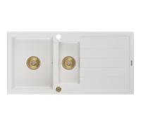 Mexen Andres fregadero de granito de 1,5 senos con escurridor 1000 x 500 mm, blanco, sifón dorado - 6515101510-20-G 16216 5905315012258