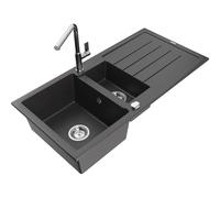 Mexen Andres fregadero de granito de 1,5 senos con escurridor y grifo de cocina Flora, negro moteado - 6515-76-670401-00 21046 5905315062291