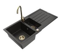 Mexen Andres fregadero de granito de 1,5 senos con escurridor y grifo de cocina Telma, negro/oro - 6515-75-670200-50 6335 5907709160996