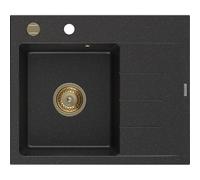 Mexen Ben fregadero de granito de un seno con escurridor, izquierdo 600 x 500 mm, negro/metálico plateado sifón dorado 53261 5905315462039