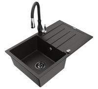 Mexen Bruno fregadero de granito de 1 cubeta con escurreplatos y grifo de cocina Savita, negro/dorado metálico 17748 5905315035646