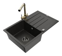 Mexen Bruno fregadero de granito de 1 cubeta con escurridor y grifo de cocina Duero, negro/dorado metálico 18400 5905315025401