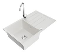 Mexen Bruno fregadero de granito de 1 cuenca con escurridor y grifo de cocina Telma, blanco - 6513-20-670200-00 6297 5907709160613