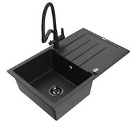 Mexen Bruno fregadero de granito de 1 seno con escurridor y grifo de cocina Duo, negro/dorado metálico - 6513-75-671701-70-B 22871 5905315102133