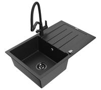 Mexen Bruno fregadero de granito de 1 seno con escurridor y grifo de cocina Duo, negro/plateado metálico - 6513-73-671701-70-B 22866 5905315102089