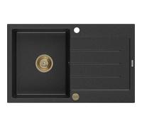 Mexen Bruno fregadero de granito de un seno con escurridor 795 x 495 mm, negro/plateado metálico, sifón dorado 16208 5905315012142