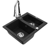 Mexen Carlos fregadero de granito de 1,5 senos con grifo de cocina Elia, negro - 6518-77-670101-00 20183 5905315032201