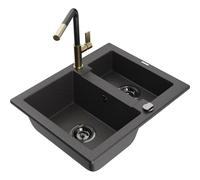 Mexen Carlos fregadero de granito de 1,5 senos con grifo de cocina Flora, negro salpicado - 6518-76-670401-75-B 21231 5905315063885