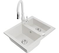 Mexen Carlos fregadero de granito de 1,5 senos con grifo de cocina Savita, blanco - 6518-20-672601-20 18264 5905315037053