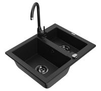 Mexen Carlos fregadero de granito de 1,5 senos con grifo de cocina Telma, negro - 6518-77-670200-70-B 18893 5905315016881