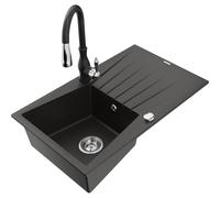Mexen Cesar fregadero de granito de 1 cubeta con escurridor y grifo de cocina Savita, negro/metalizado dorado 17825 5905315035974
