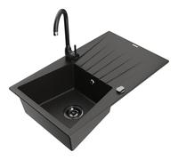 Mexen Cesar fregadero de granito de 1 cubeta con escurridor y grifo de cocina Telma, negro/dorado - 6514-75-670200-70-B 18455 5905315015709