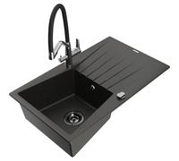Mexen Cesar fregadero de granito de 1 seno con escurridor y grifo de cocina Duo, negro/dorado metálico - 6514-75-671701-07-B 22904 5905315102461