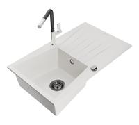 Mexen Cesar fregadero de granito de 1 seno con escurridor y grifo de cocina Flora, blanco - 6514-20-670401-07-B 20966 5905315061492