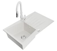 Mexen Cesar fregadero de granito de un seno con escurridor y grifo de cocina Savita, blanco - 6514-20-672601-20 17761 5905315035776