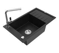 Mexen Elias fregadero de granito de 1 cubeta con escurridor y grifo de cocina Flora, negro - 6511-77-670401-00 20848 5905315060396
