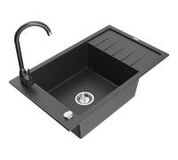 Mexen Elias fregadero de granito de 1 cubeta con escurridor y grifo de cocina Telma, negro moteado - 6511-76-670200-76 6278 5907709160422