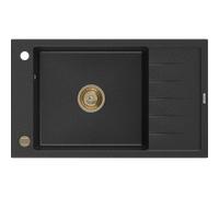 Mexen Elias fregadero de granito de 1 seno con escurridor 795 x 480 mm, negro/plateado metalizado, sifón dorado 16191 5905315012005
