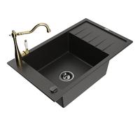 Mexen Elias fregadero de granito de 1 seno con escurridor y grifo de cocina Carla, negro/dorado metálico - 6511-75-670700-50-B 16956 5905315040138