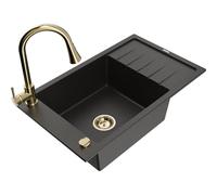 Mexen Elias fregadero de granito de 1 seno con escurridor y grifo de cocina Elia, negro/dorado metálico - 6511-75-670101-50 19853 5905315029874