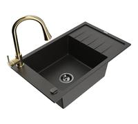 Mexen Elias fregadero de granito de 1 seno con escurridor y grifo de cocina Elia, negro/oro metálico - 6511-75-670101-50-B 19854 5905315029881