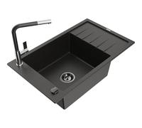 Mexen Elias fregadero de granito de 1 seno con escurridor y grifo de cocina Flora, negro/dorado metálico - 6511-75-670401-07-B 20834 5905315060259
