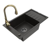 Mexen Elias fregadero de granito de 1 seno con escurridor y grifo de cocina Savita, negro/dorado metálico - 6511-75-672601-50-B 17670 5905315034991