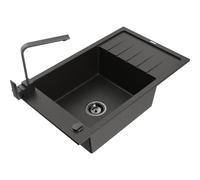 Mexen Elias fregadero de granito de 1 tazón con escurridor y grifo de cocina Rita, negro/dorado metálico - 6511-75-670300-70-B 17451 5905315019653