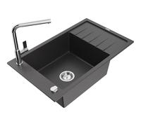 Mexen Elias fregadero de granito de un seno con escurridor y grifo de cocina Flora, negro moteado - 6511-76-670401-00 20838 5905315060297