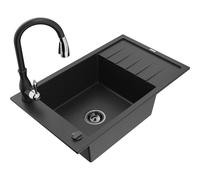 Mexen Elias fregadero de granito de un seno con escurridor y grifo de cocina Savita, negro/metálico plateado 17665 5905315034953