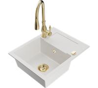 Mexen Enzo fregadero de granito de 1 cubeta con escurridor y grifo de cocina Savita, blanco - 6506-20-672601-50 17369 5905315033871