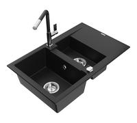 Mexen Gaspar fregadero de granito 1,5 senos con escurridor y grifo de cocina Flora, negro - 6507-77-670401-07 20704 5905315059406