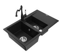 Mexen Gaspar fregadero de granito de 1,5 senos con escurridor y grifo de cocina Carla, negro - 6507-77-670700-00 16832 5905315039576