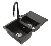 Mexen Gaspar fregadero de granito de 1,5 senos con escurridor y grifo de cocina Savita, negro/dorado - 6507-75-672601-70 17507 5905315034373