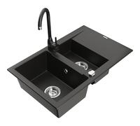 Mexen Gaspar fregadero de granito de 1,5 senos con escurridor y grifo de cocina Telma, negro/dorado - 6507-75-670200-70 6231 5907709189935