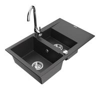 Mexen Gaspar fregadero de granito de 1,5 senos con escurridor y grifo de cocina Telma, negro moteado - 6507-76-670200-00 6232 5907709189942