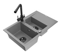 Mexen Gaspar fregadero de granito de 1,5 tazones con escurridor y grifo de cocina Duero, gris - 6507-71-671600-70-B 17461 5905315024046