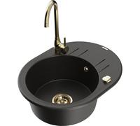 Mexen Kevin fregadero de granito de 1 seno con escurridor y grifo de cocina Telma, negro/metal dorado - 6517-75-670200-50 18775 5905315016430