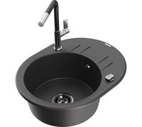 Mexen Kevin fregadero de granito de un seno con escurridor y grifo de cocina Flora, negro moteado - 6517-76-670401-07-B 21148 5905315063311