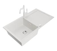 Mexen Leo fregadero de granito de 1 cubeta con escurridor y grifo de cocina Carla, blanco - 6501-20-670700-20 16441 5905315037398