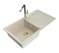 Mexen Leo fregadero de granito de 1 cuenca con escurridor y grifo de cocina Flora, beige - 6501-69-670401-57-G 19588 5905315056078