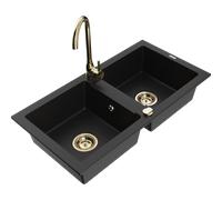 Mexen Mario fregadero de granito de 2 compartimentos con grifo de cocina Telma, negro - 6504-77-670200-50 6190 5907709189539